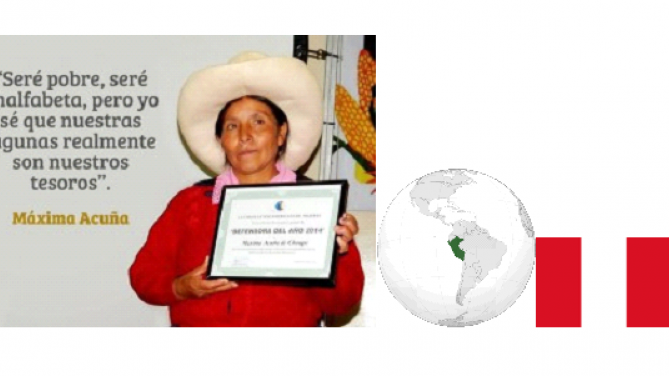 Maxima Acuna Atalaya de Chaupe (1970) es una agricultora de subsistencia de la sierra norte del Peru y defensora ambiental peruana conocida por su lucha contra el megaproyecto minero Conga de propiedad de Newmont Mining Corporation y Compania de Minas Buenaventura, por lo que recibio en abril de 2016 el Premio Medioambiental Goldman conocido tambien como el Premio Nobel Verde el mayor galardon en el mundo para activistas en pro del medioambiente reconociendolos por sus logros