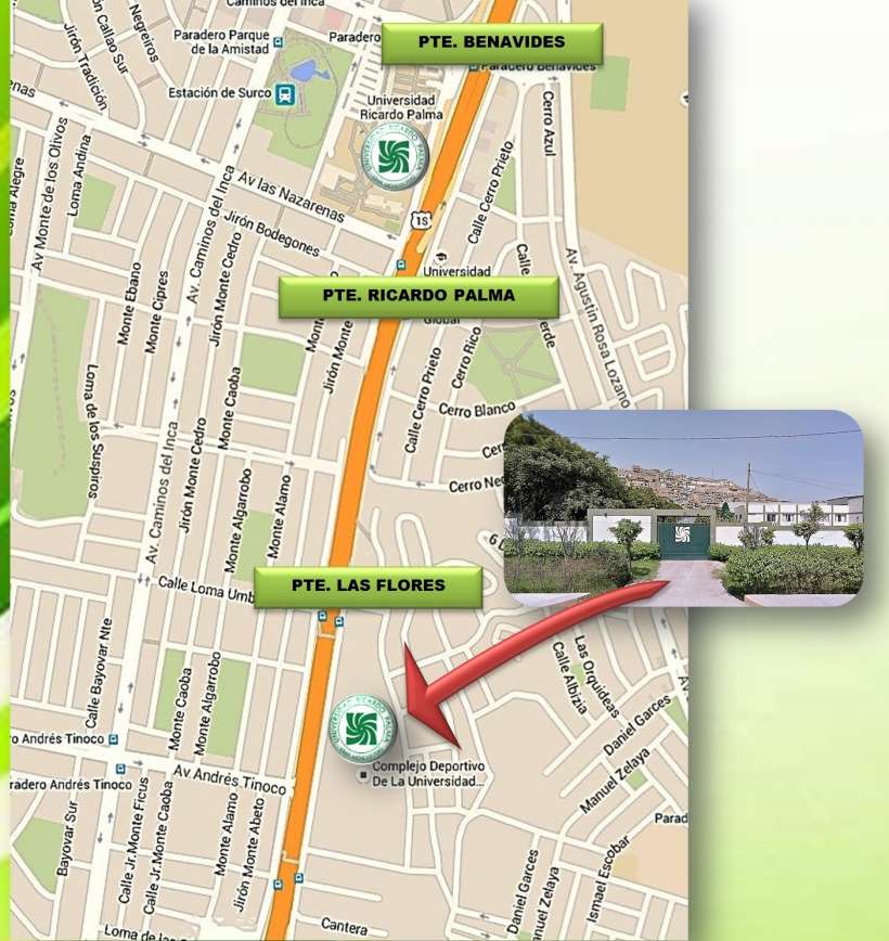 El Complejo deportivo de la Universidad Ricardo Palma se encuentra ubicado en el kilometro 10.5 de la Panamericana SurLlamar (01) 2764228deportes@urp.edu.pe